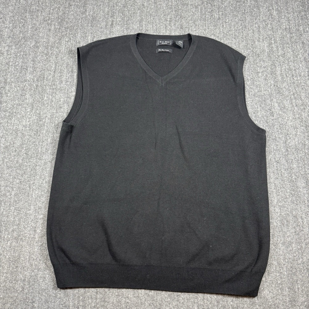 W.H. Belk Mens L Pima Cotton Sweater Vest Black V-Neck Made in Hong Kong